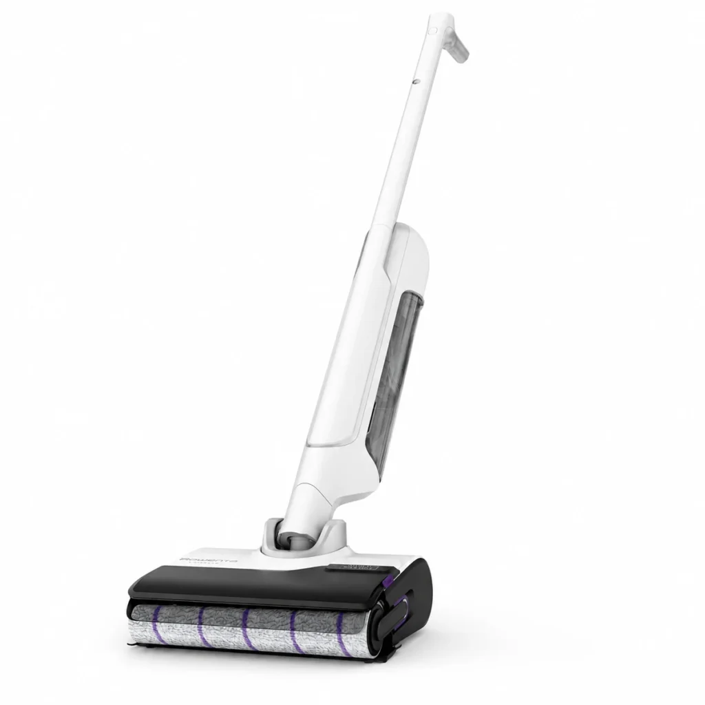Rowenta X-Clean 10 blanc, vue de trois quarts sur fond blanc. Détourage assisté par IA.